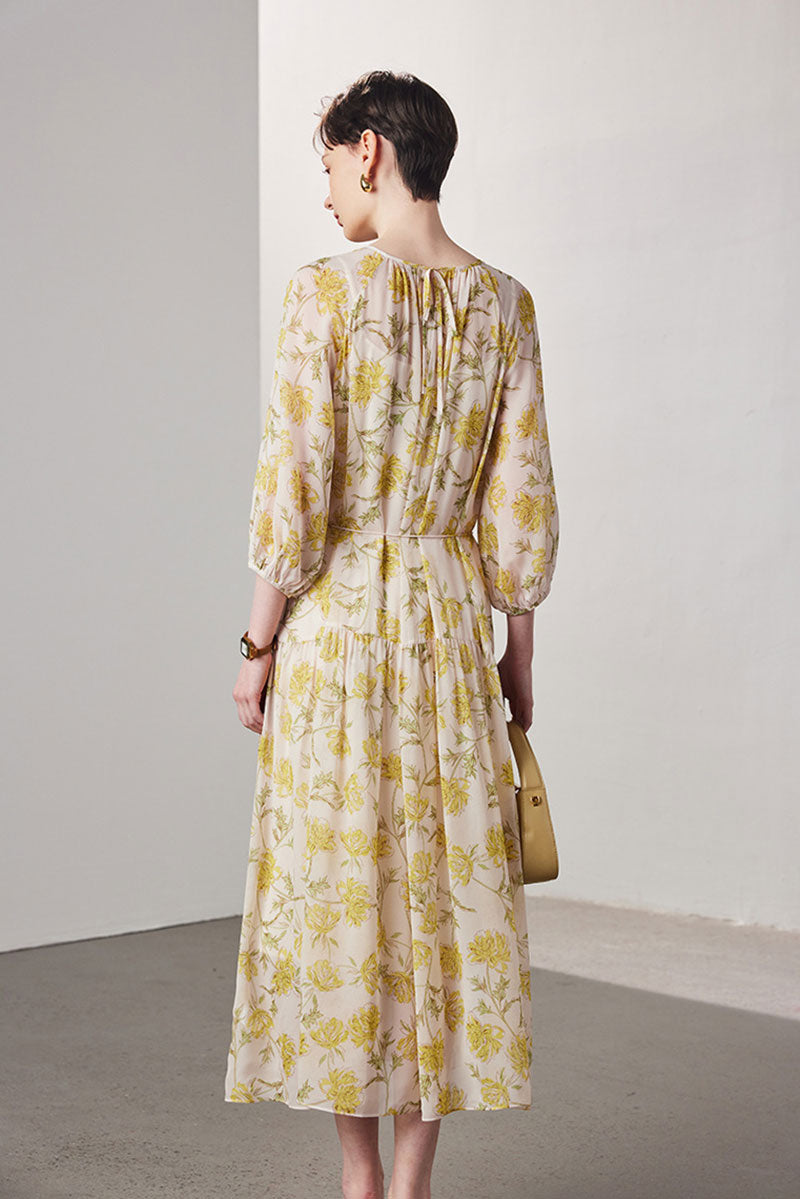 100 Mulberry Silk Floral  Balloon-Sleeve Drop Waist Midi Dress
