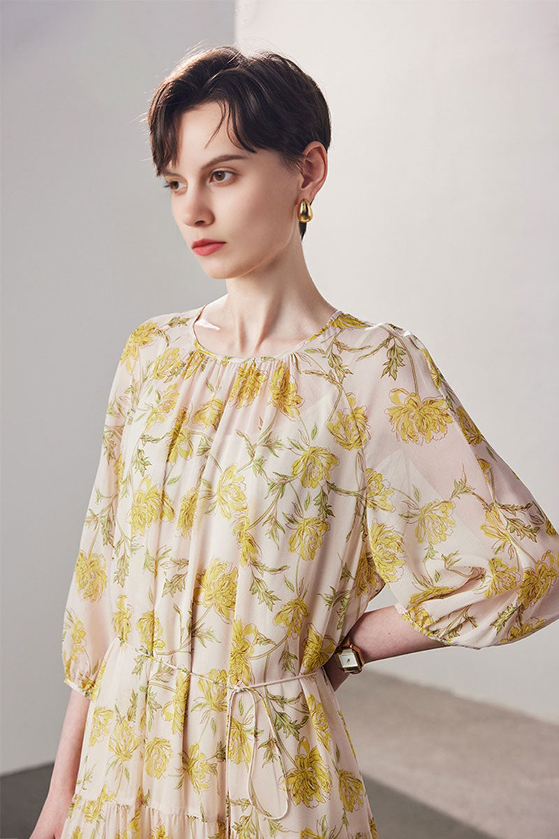 100 Mulberry Silk Floral  Balloon-Sleeve Drop Waist Midi Dress