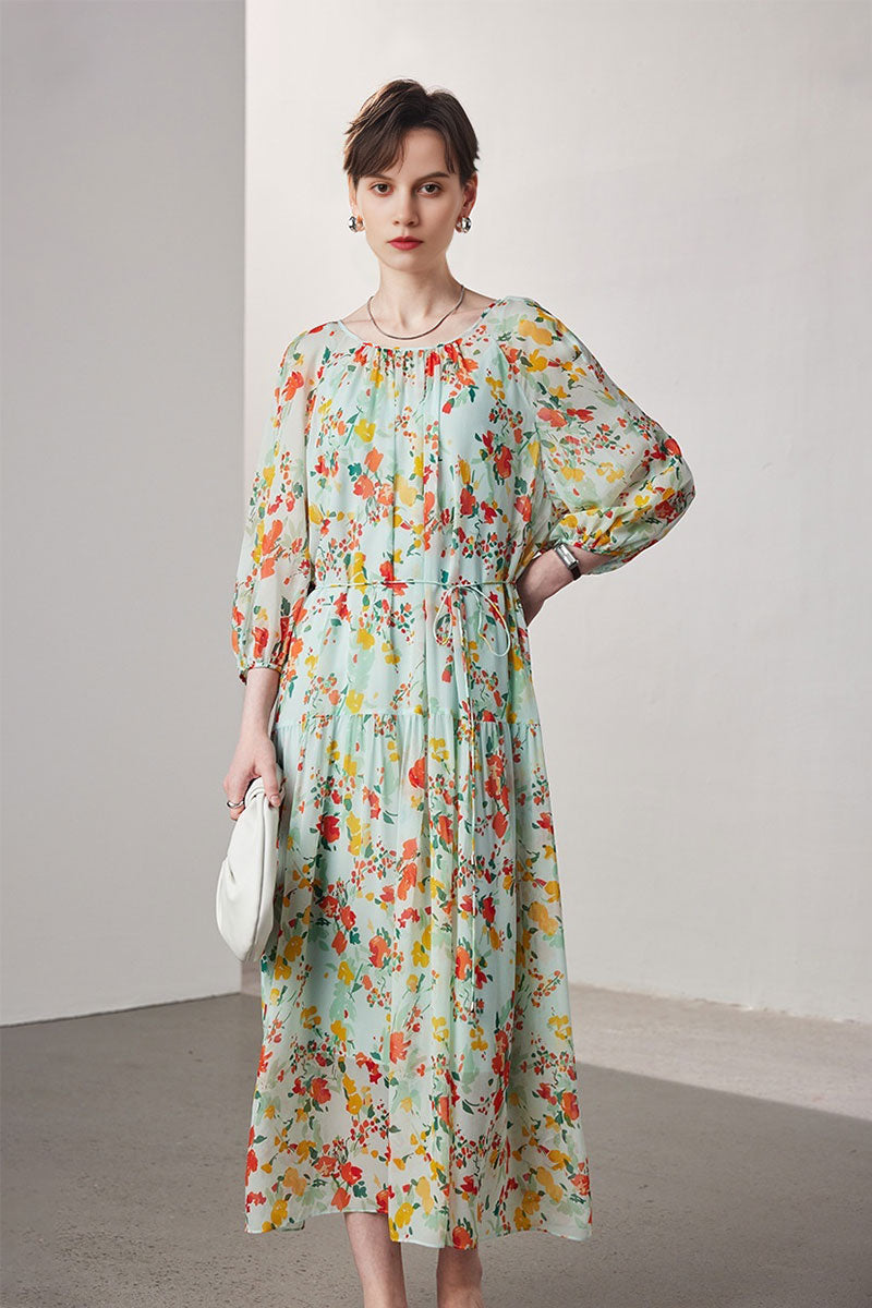 100 Mulberry Silk Floral  Balloon-Sleeve Drop Waist Midi Dress