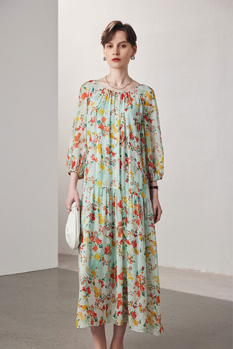 100 Mulberry Silk Floral  Balloon-Sleeve Drop Waist Midi Dress
