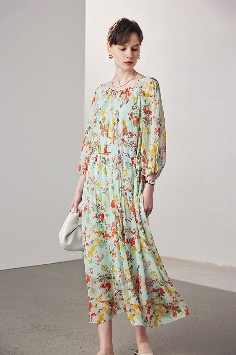 100 Mulberry Silk Floral  Balloon-Sleeve Drop Waist Midi Dress