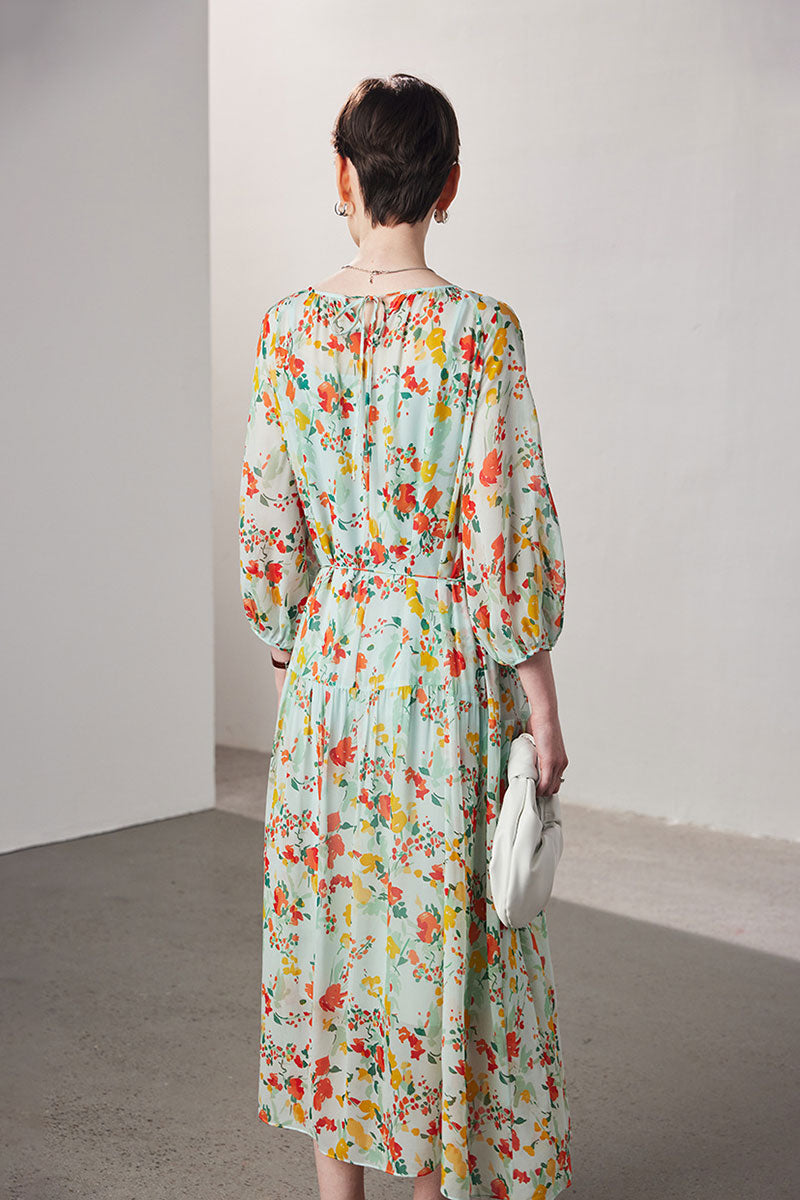 100 Mulberry Silk Floral  Balloon-Sleeve Drop Waist Midi Dress