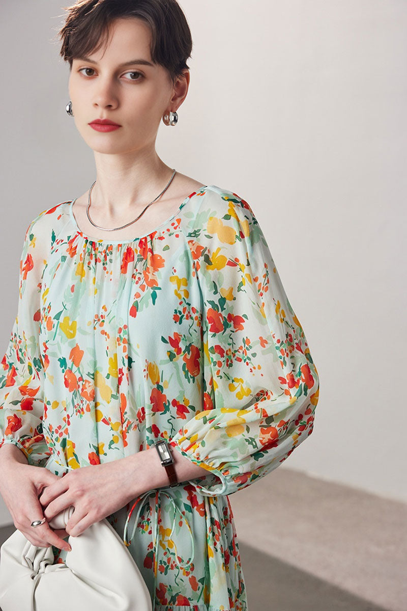 100 Mulberry Silk Floral  Balloon-Sleeve Drop Waist Midi Dress