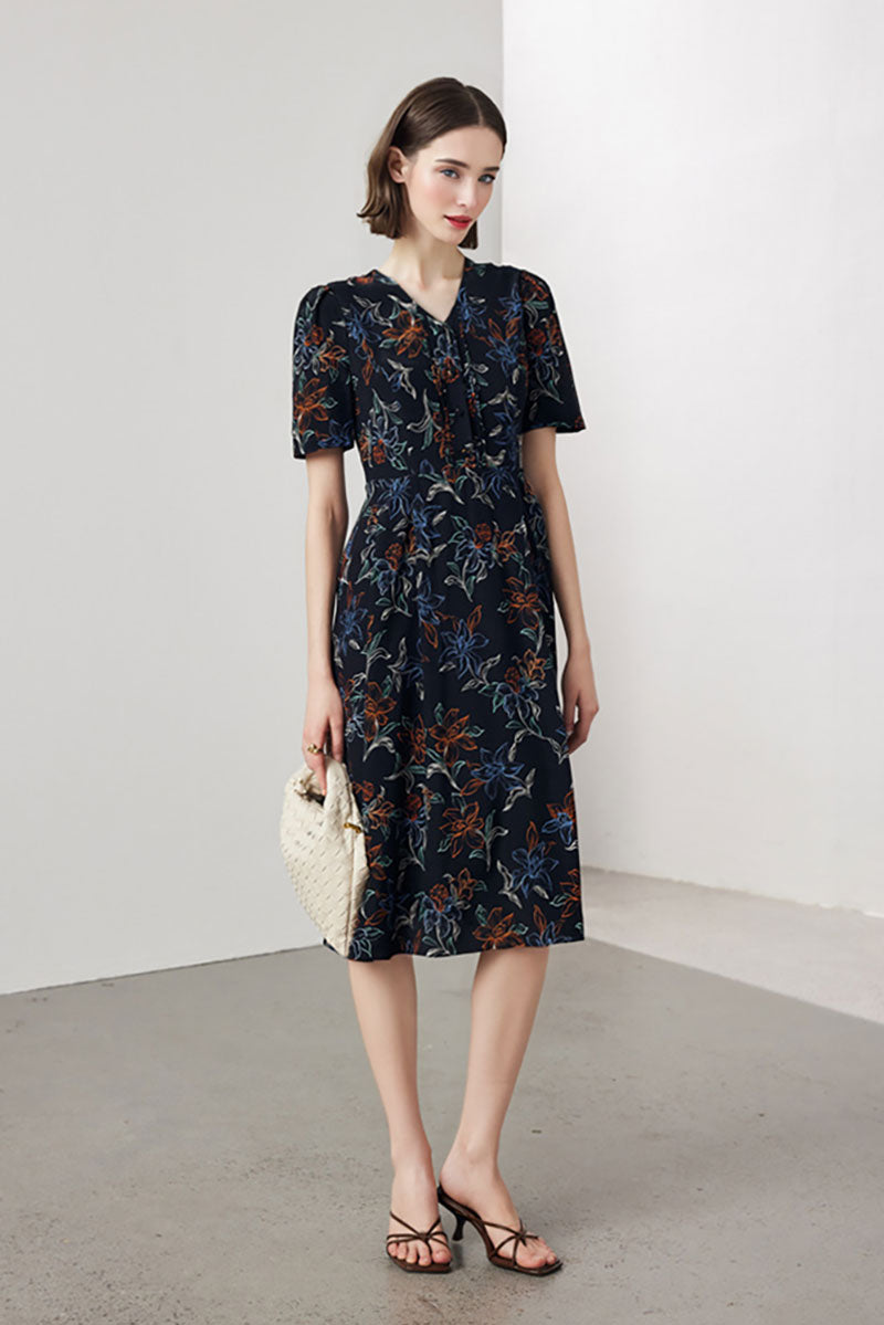 100 Mulberry Silk Floral A-Line Short-Sleeve V-Neck Midi Dress
