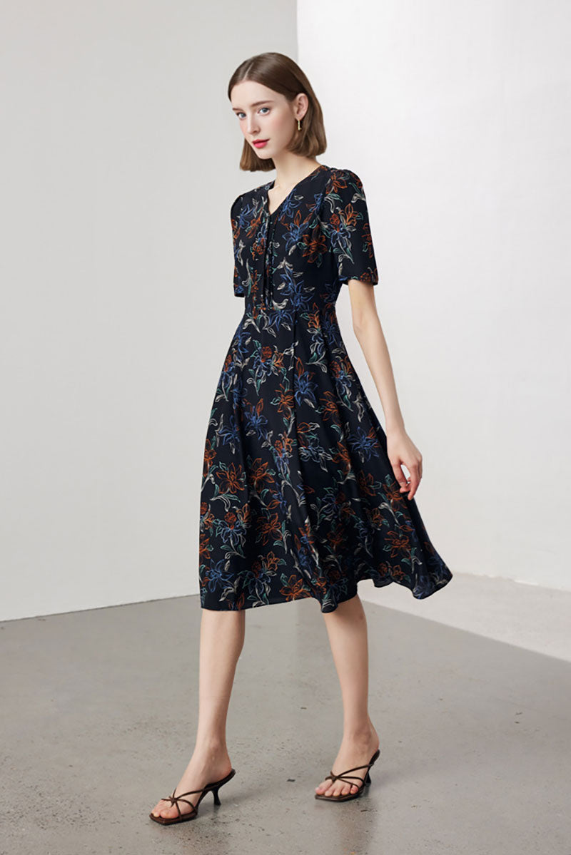 100 Mulberry Silk Floral A-Line Short-Sleeve V-Neck Midi Dress