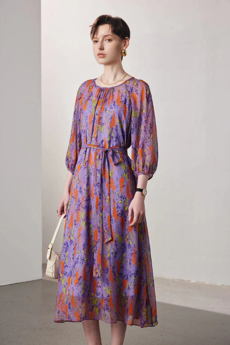 100 Mulberry Silk Floral Balloon-Sleeve Tie-Waist Midi Dress with Camisole Slip
