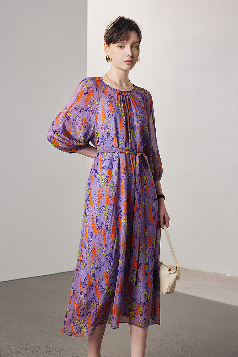 100 Mulberry Silk Floral Balloon-Sleeve Tie-Waist Midi Dress with Camisole Slip