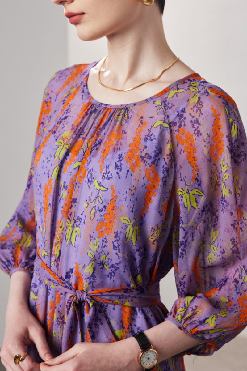 100 Mulberry Silk Floral Balloon-Sleeve Tie-Waist Midi Dress with Camisole Slip