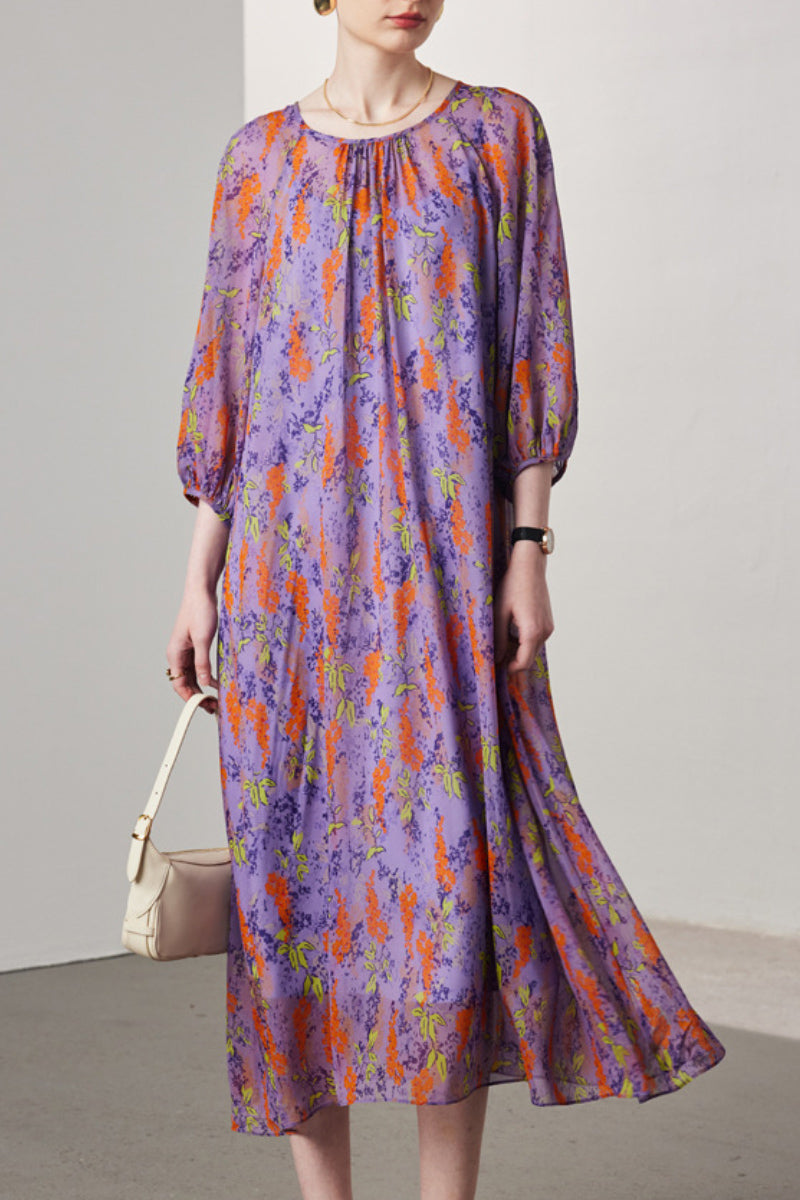 100 Mulberry Silk Floral Balloon-Sleeve Tie-Waist Midi Dress with Camisole Slip