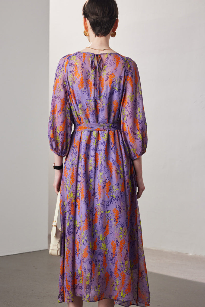 100 Mulberry Silk Floral Balloon-Sleeve Tie-Waist Midi Dress with Camisole Slip