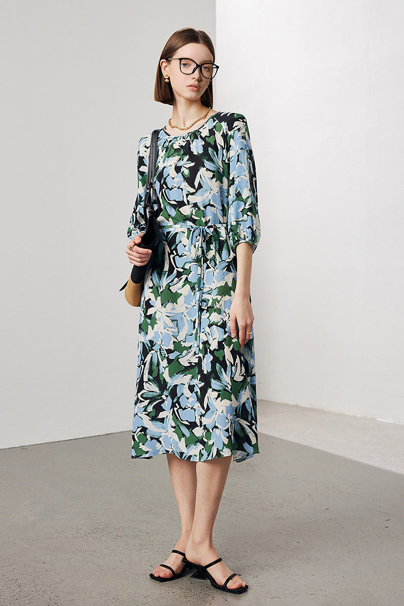 100 Mulberry Silk Floral Balloon-Sleeve Tie-Waist Midi Dress with Pockets