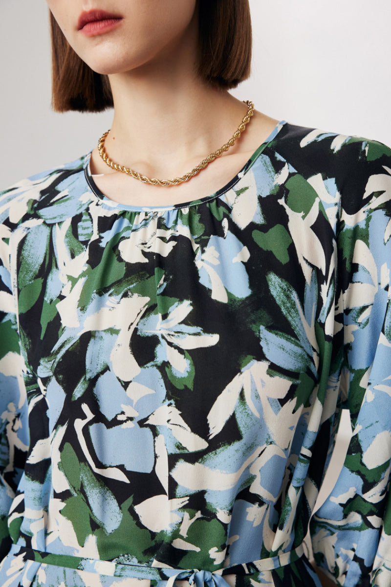 100 Mulberry Silk Floral Balloon-Sleeve Tie-Waist Midi Dress with Pockets