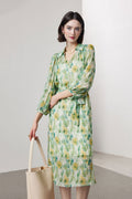 100 Mulberry Silk Floral Balloon-Sleeve V-Neck Collared Midi Dress
