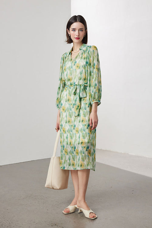 100 Mulberry Silk Floral Balloon-Sleeve V-Neck Collared Midi Dress