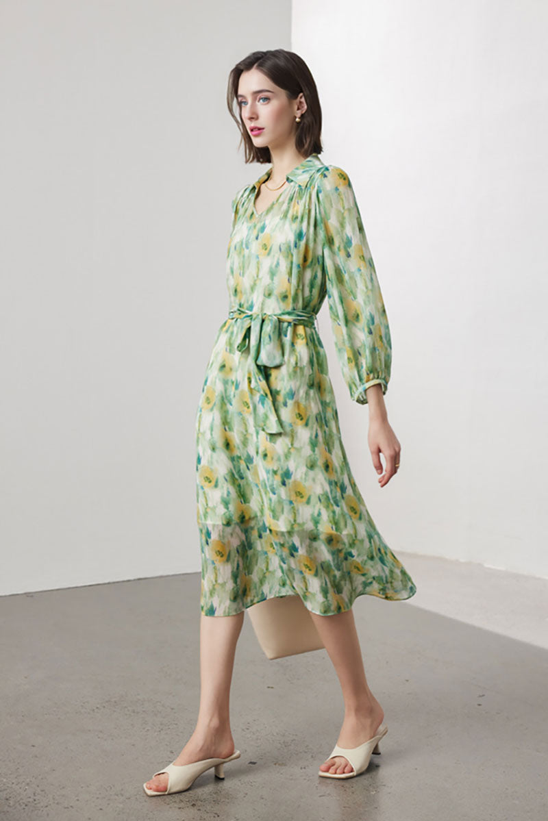 100 Mulberry Silk Floral Balloon-Sleeve V-Neck Collared Midi Dress
