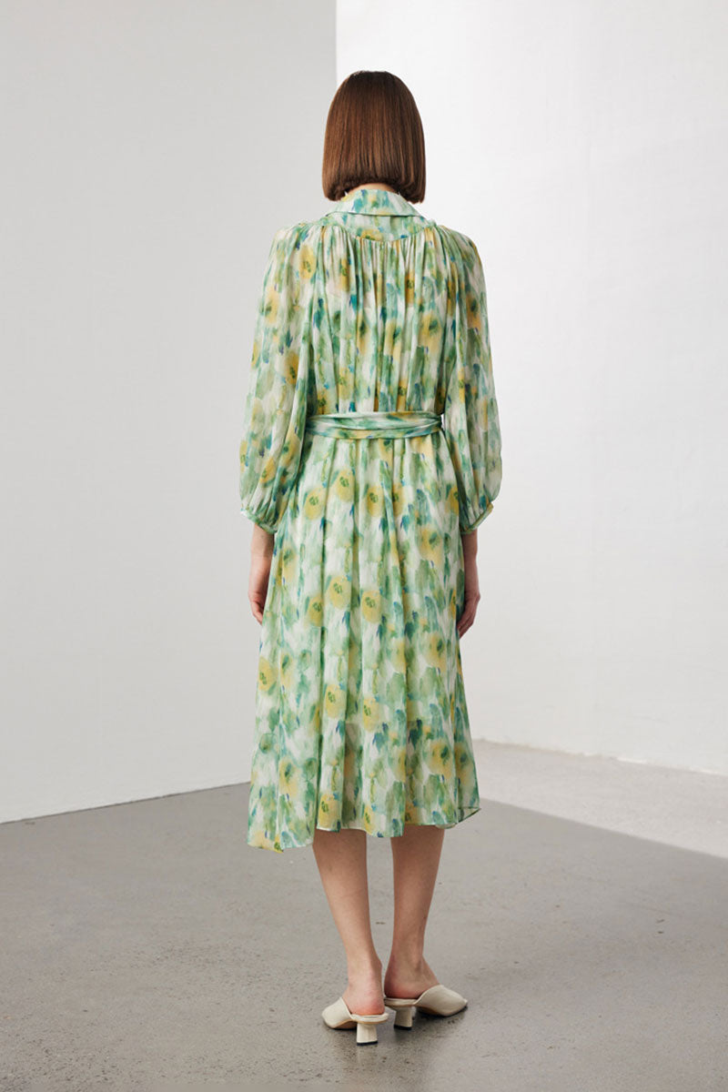 100 Mulberry Silk Floral Balloon-Sleeve V-Neck Collared Midi Dress