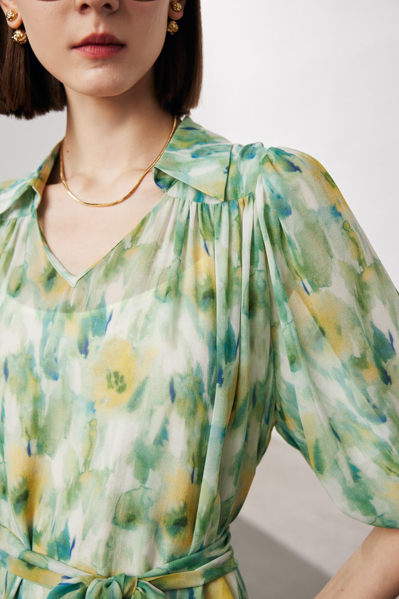 100 Mulberry Silk Floral Balloon-Sleeve V-Neck Collared Midi Dress
