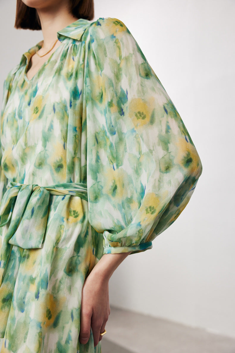 100 Mulberry Silk Floral Balloon-Sleeve V-Neck Collared Midi Dress