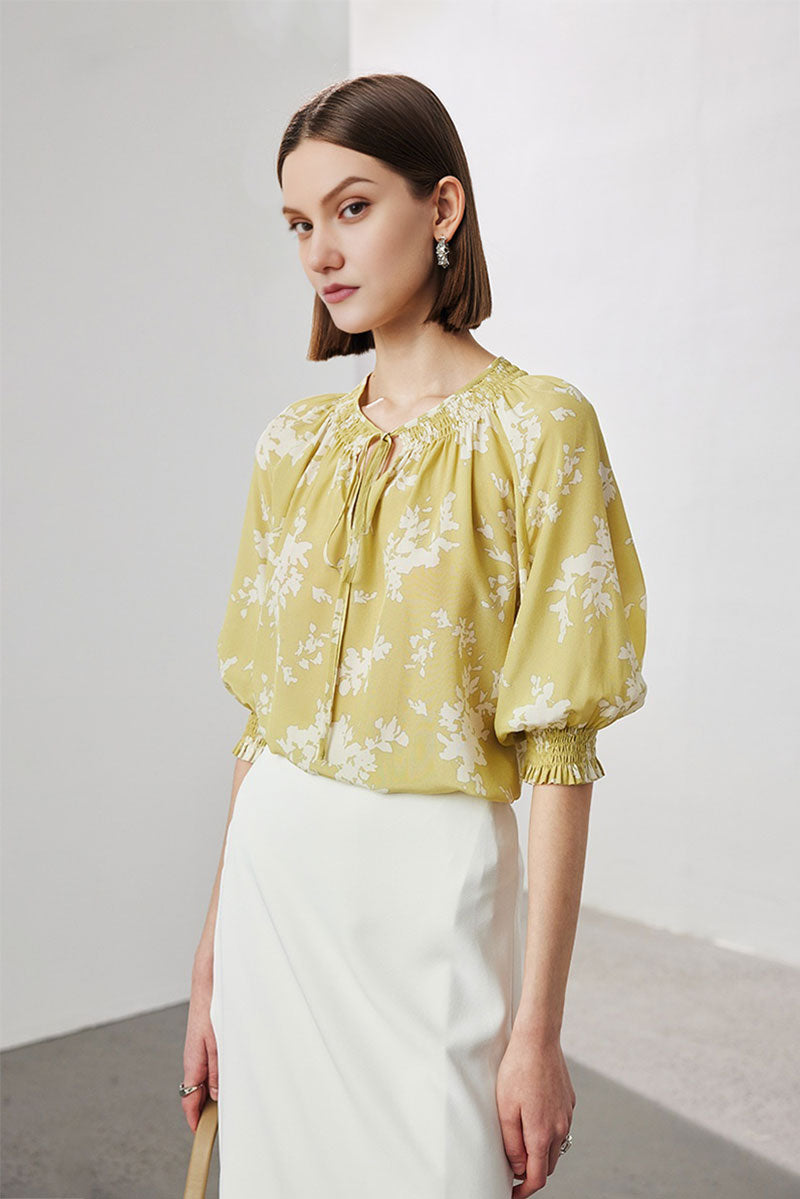 100 Mulberry Silk Floral Elbow-Sleeve Tie-Neck Blouse with Smocked Cuffs