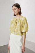 100 Mulberry Silk Floral Elbow-Sleeve Tie-Neck Blouse with Smocked Cuffs