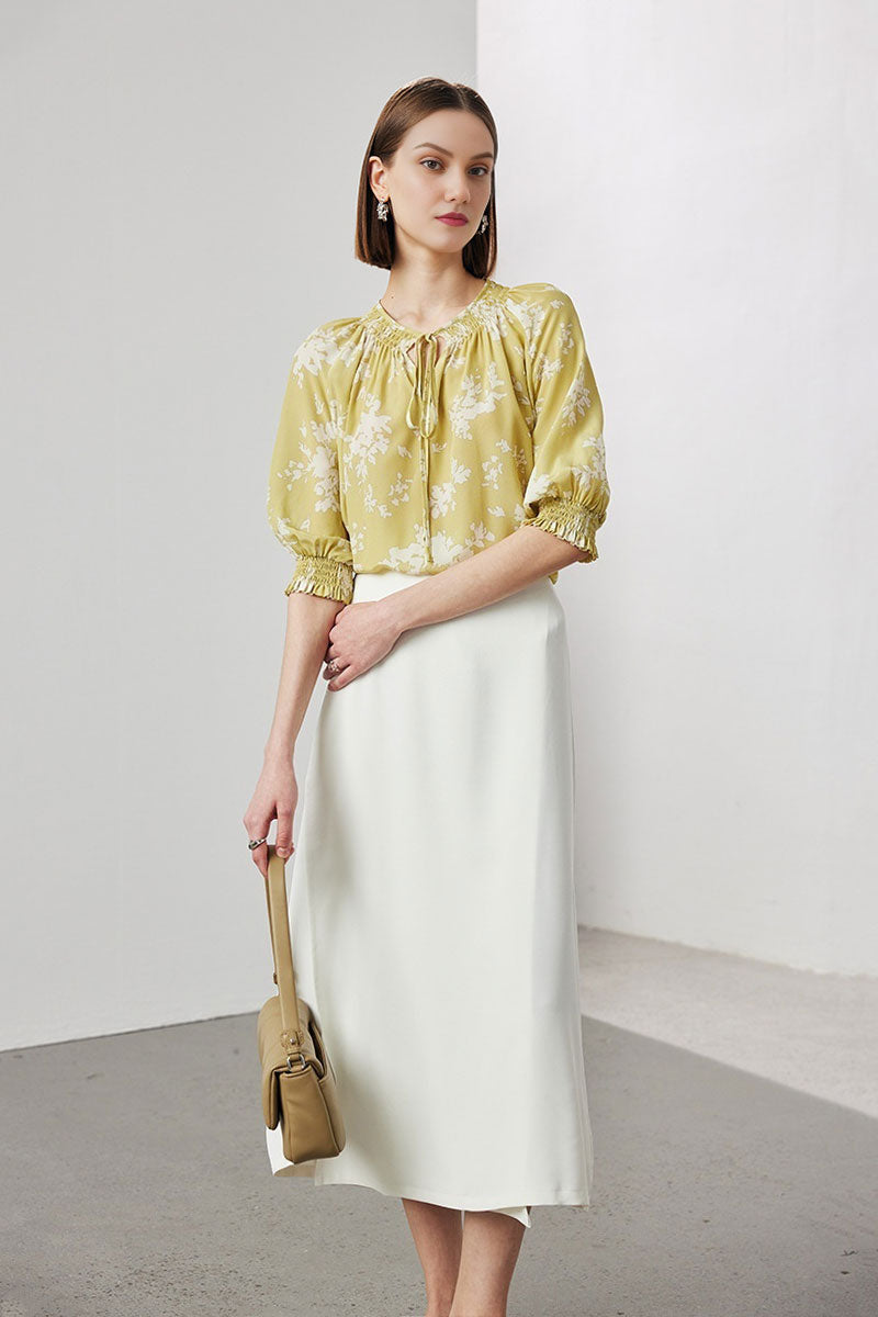 100 Mulberry Silk Floral Elbow-Sleeve Tie-Neck Blouse with Smocked Cuffs