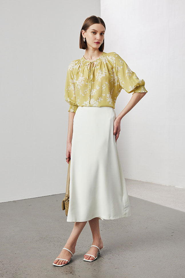 100 Mulberry Silk Floral Elbow-Sleeve Tie-Neck Blouse with Smocked Cuffs