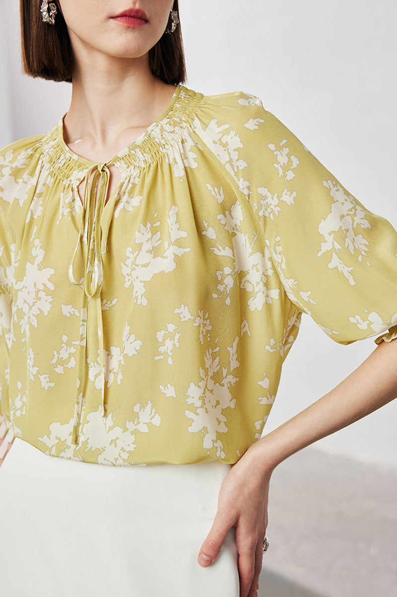 100 Mulberry Silk Floral Elbow-Sleeve Tie-Neck Blouse with Smocked Cuffs