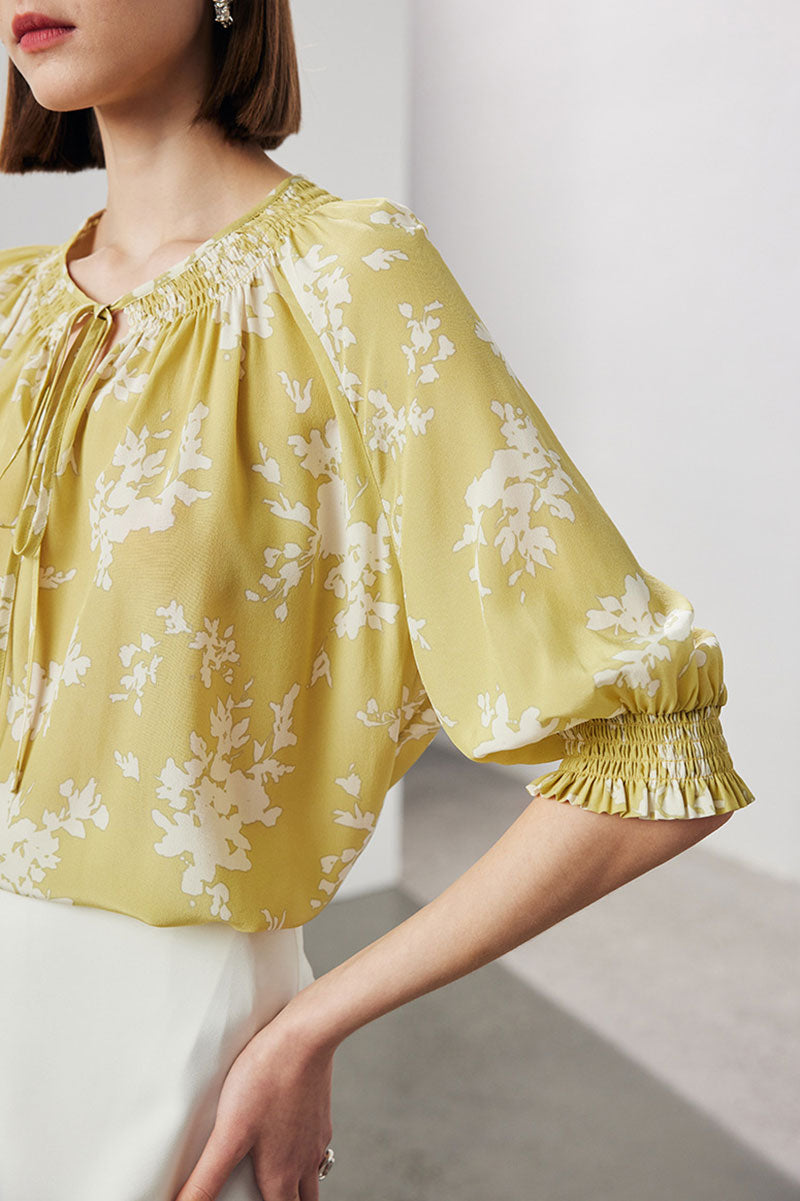 100 Mulberry Silk Floral Elbow-Sleeve Tie-Neck Blouse with Smocked Cuffs