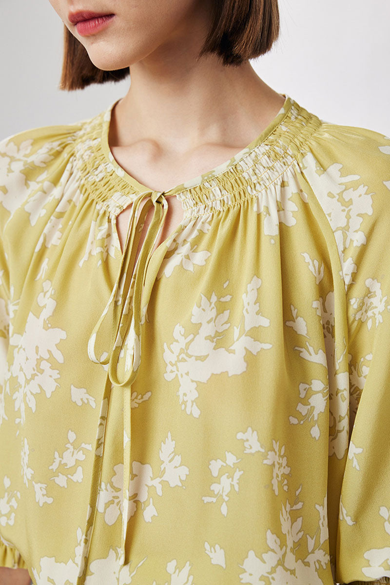100 Mulberry Silk Floral Elbow-Sleeve Tie-Neck Blouse with Smocked Cuffs