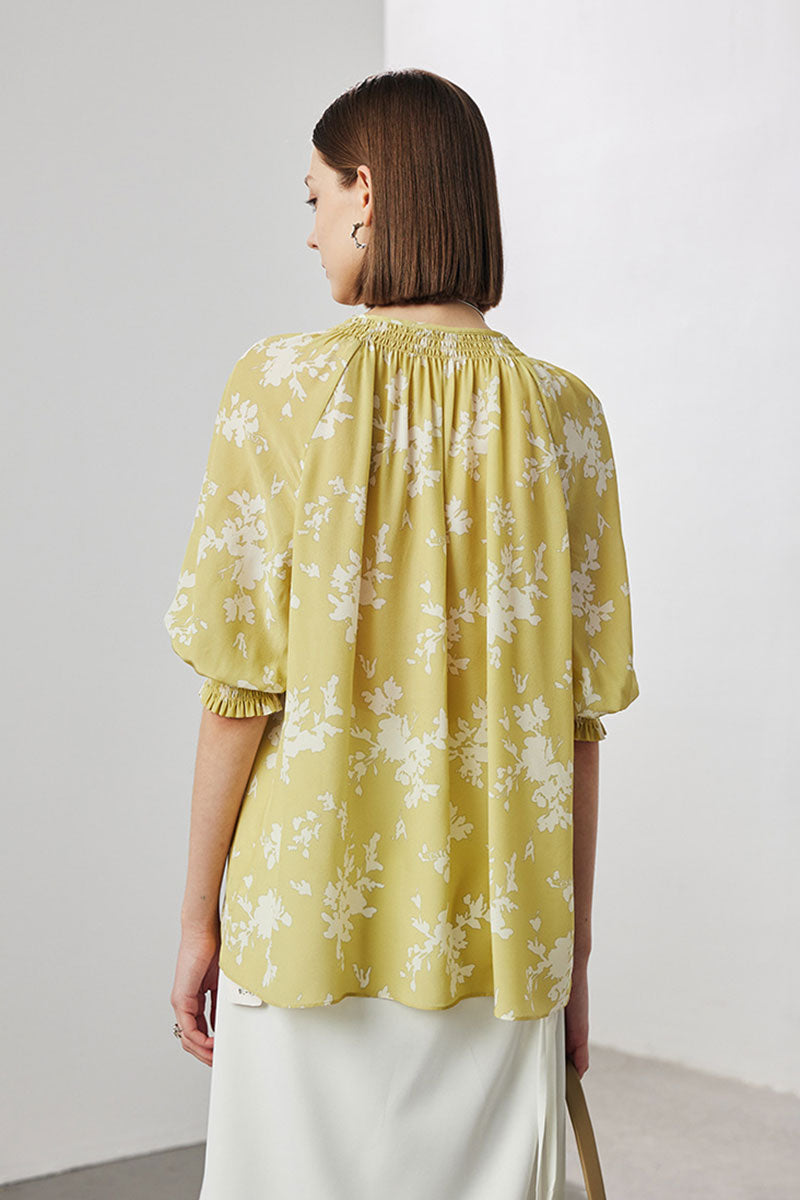 100 Mulberry Silk Floral Elbow-Sleeve Tie-Neck Blouse with Smocked Cuffs