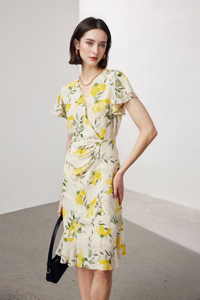 100 Mulberry Silk Floral Flutter-Sleeve V-Neck Ruffle Wrap Midi Dress