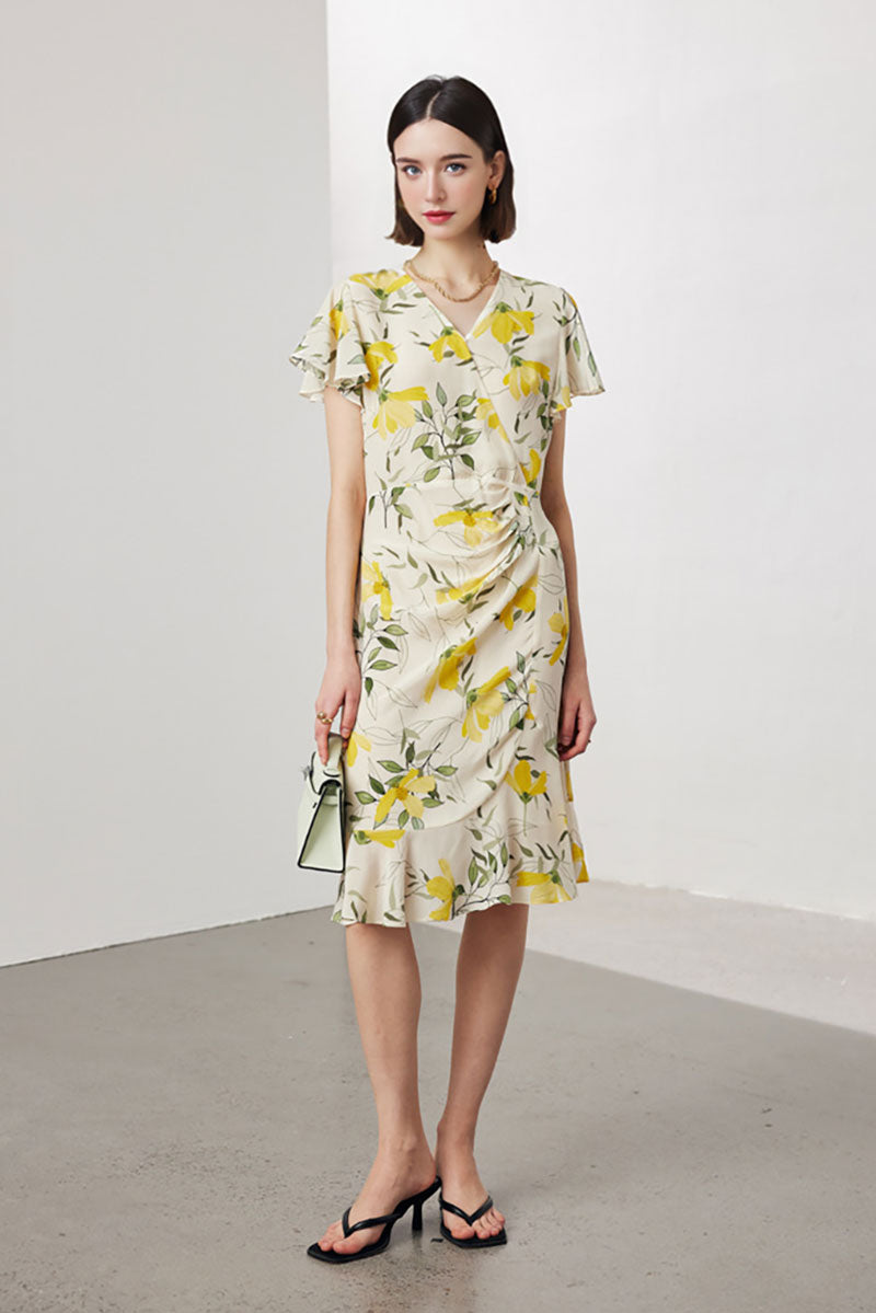 100 Mulberry Silk Floral Flutter-Sleeve V-Neck Ruffle Wrap Midi Dress
