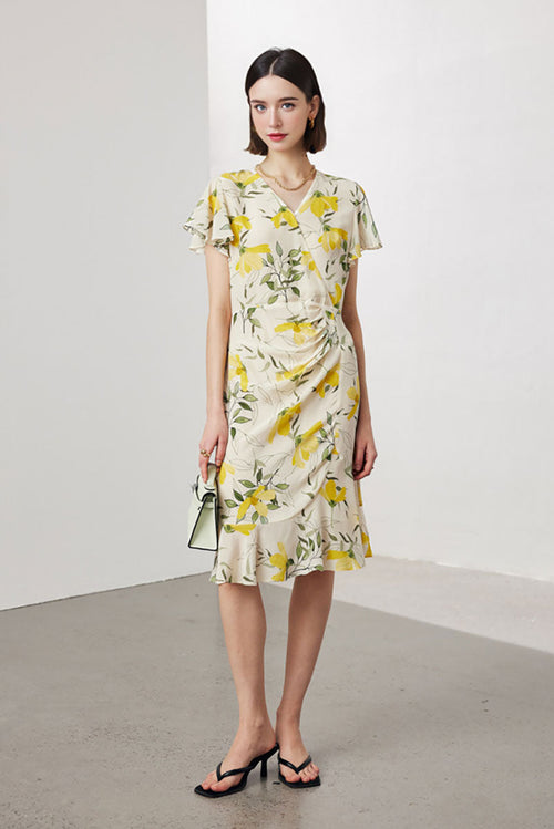 100 Mulberry Silk Floral Flutter-Sleeve V-Neck Ruffle Wrap Midi Dress