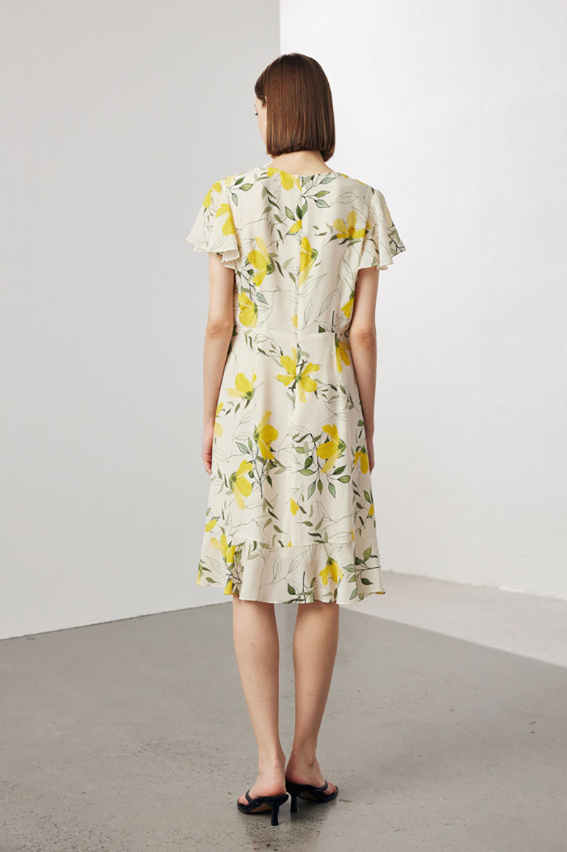 100 Mulberry Silk Floral Flutter-Sleeve V-Neck Ruffle Wrap Midi Dress