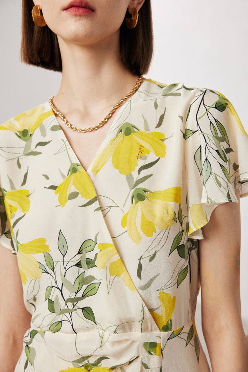 100 Mulberry Silk Floral Flutter-Sleeve V-Neck Ruffle Wrap Midi Dress