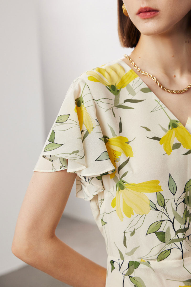 100 Mulberry Silk Floral Flutter-Sleeve V-Neck Ruffle Wrap Midi Dress