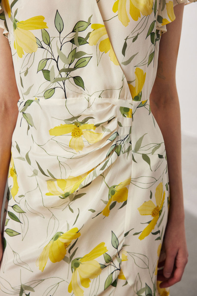 100 Mulberry Silk Floral Flutter-Sleeve V-Neck Ruffle Wrap Midi Dress