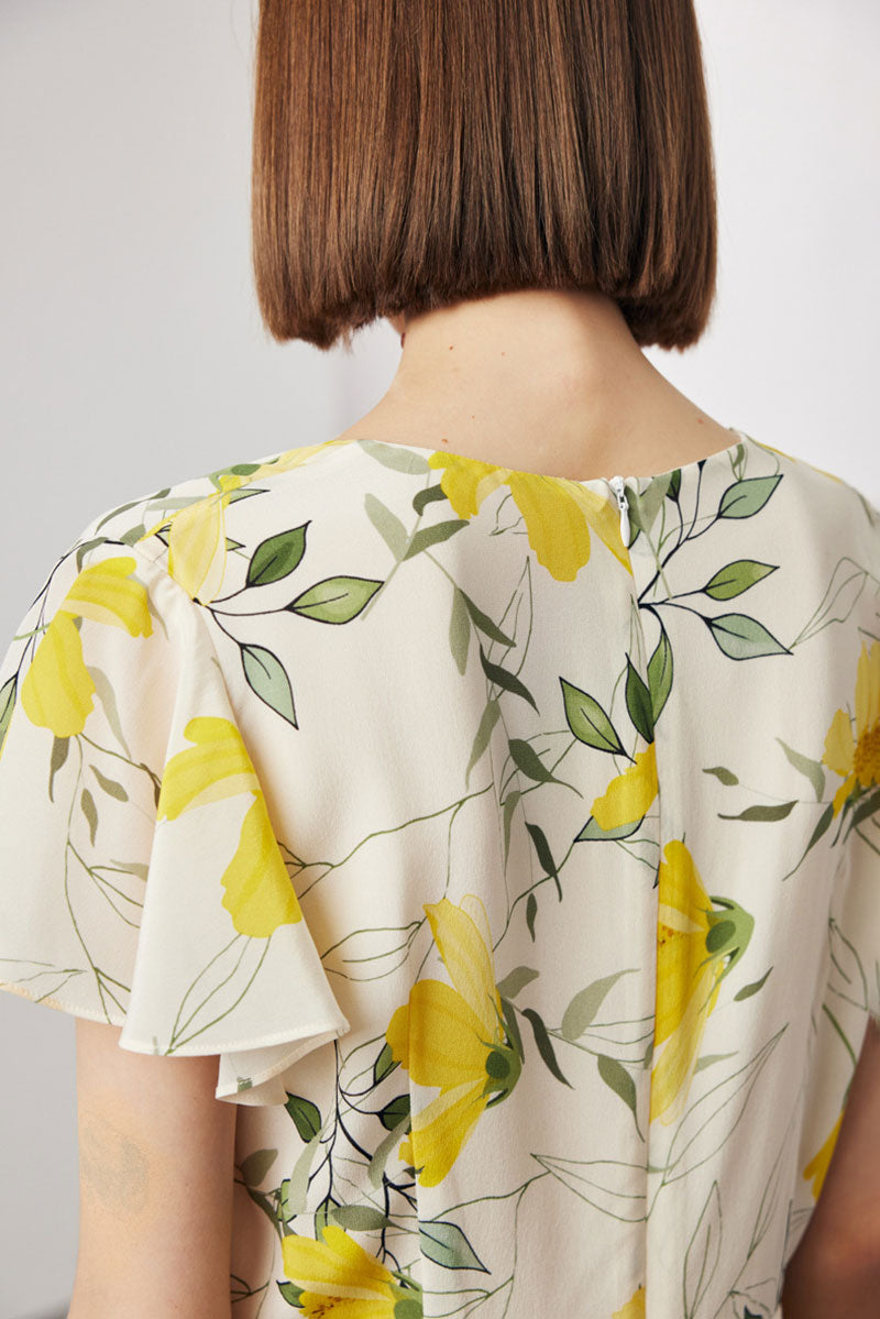 100 Mulberry Silk Floral Flutter-Sleeve V-Neck Ruffle Wrap Midi Dress