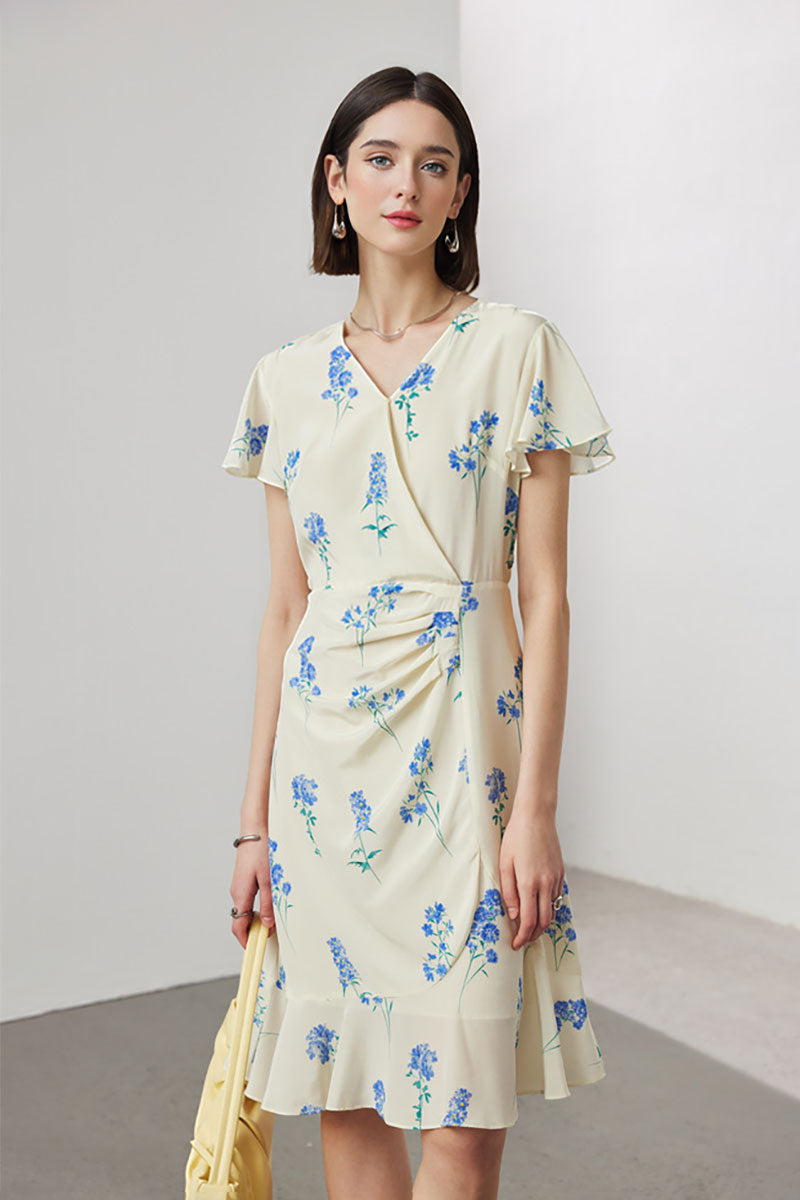 100 Mulberry Silk Floral Flutter-Sleeve V-Neck Ruffle Wrap Midi Dress