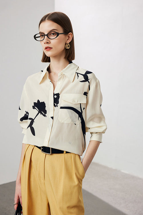 100 Mulberry Silk Floral Long-Sleeve Button-Down Shirt With Pocket