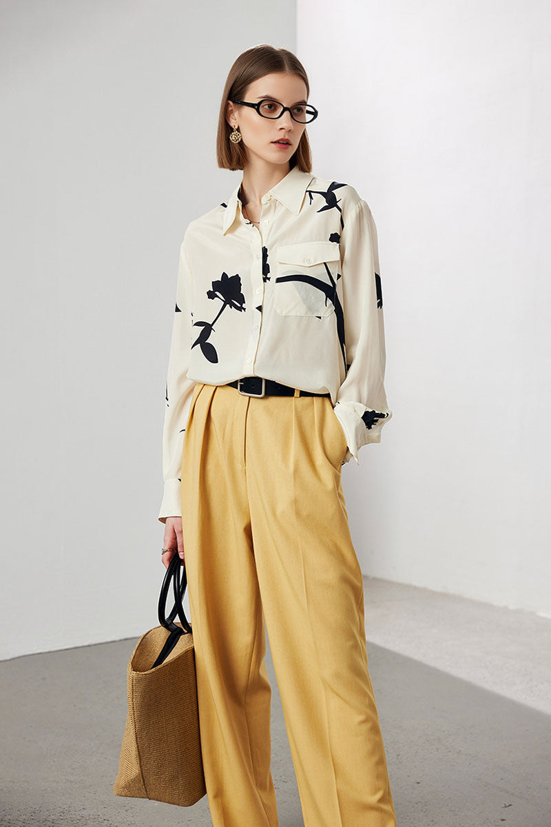 100 Mulberry Silk Floral Long-Sleeve Button-Down Shirt With Pocket