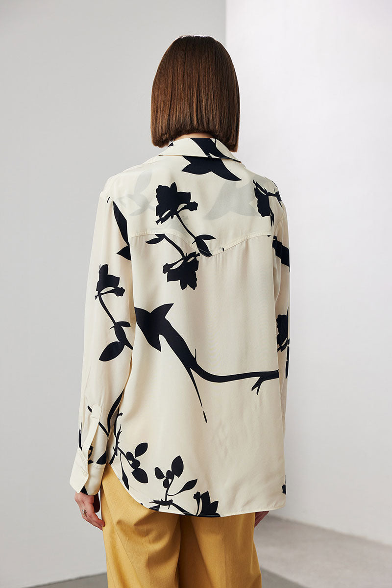 100 Mulberry Silk Floral Long-Sleeve Button-Down Shirt With Pocket