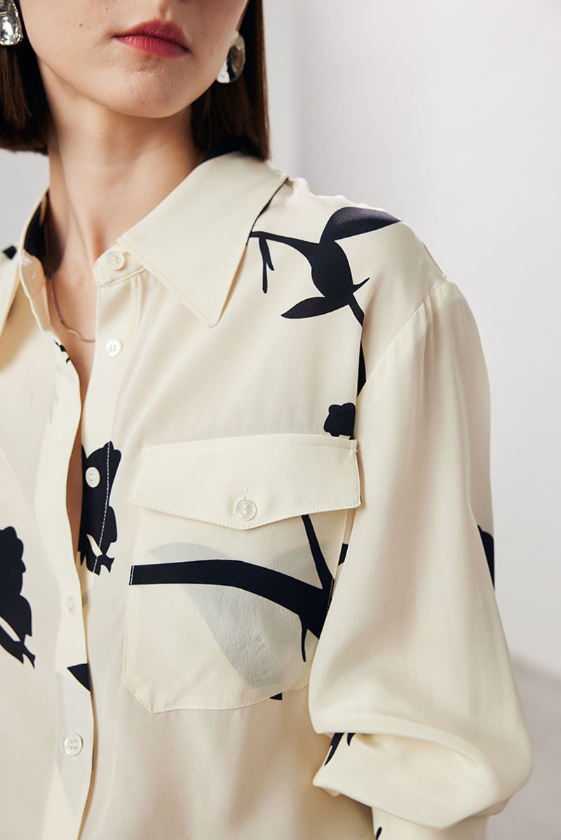100 Mulberry Silk Floral Long-Sleeve Button-Down Shirt With Pocket