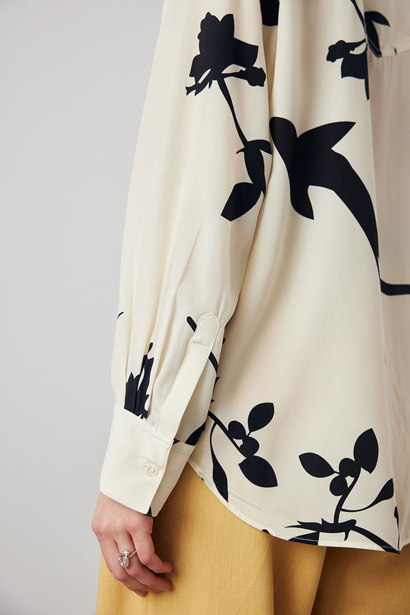 100 Mulberry Silk Floral Long-Sleeve Button-Down Shirt With Pocket