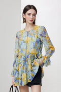 100 Mulberry Silk Floral Long-Sleeve Crewneck Peplum Blouse with Camisole