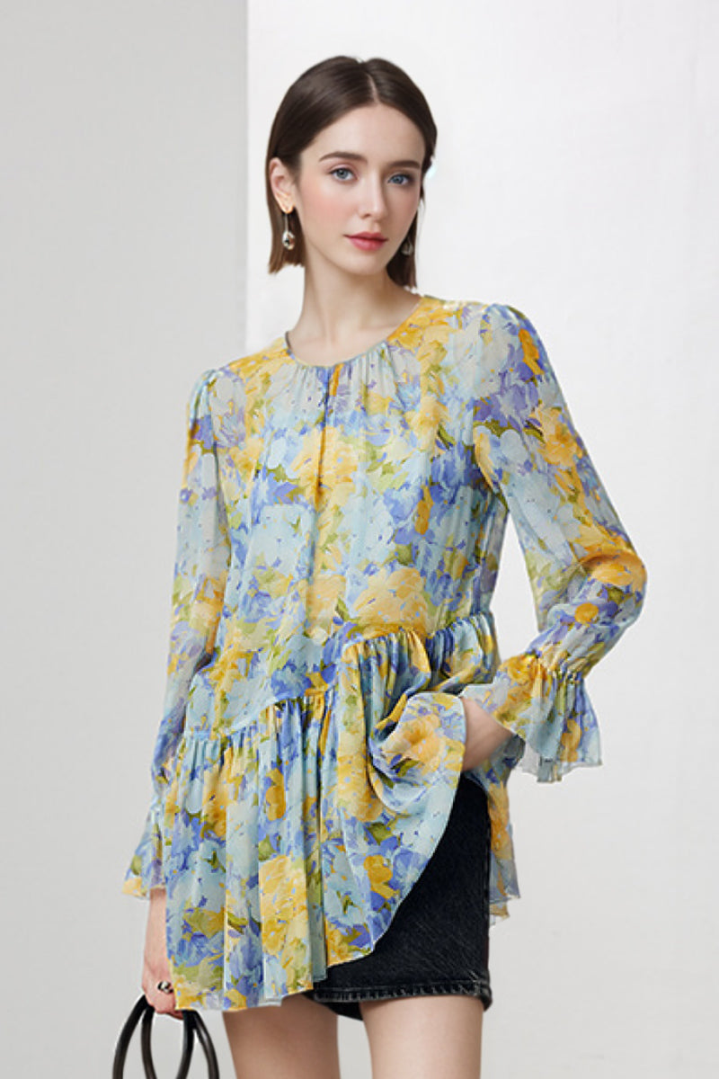100 Mulberry Silk Floral Long-Sleeve Crewneck Peplum Blouse with Camisole
