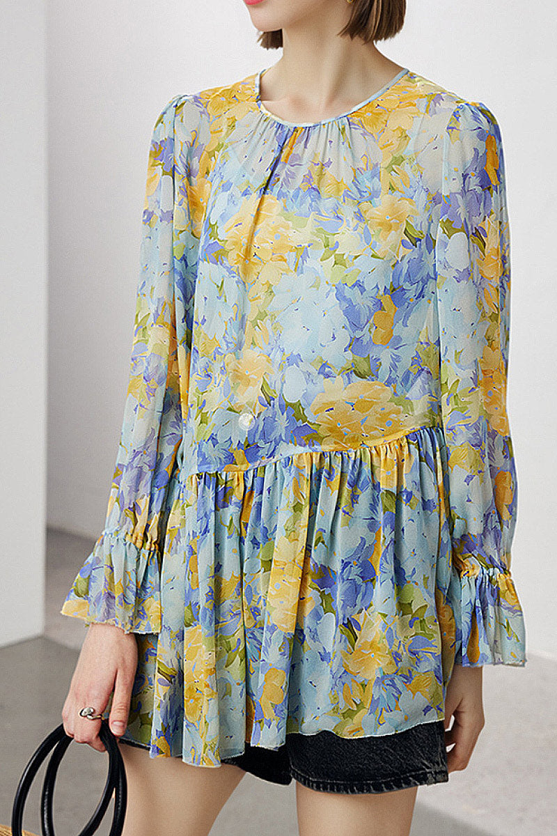 100 Mulberry Silk Floral Long-Sleeve Crewneck Peplum Blouse with Camisole