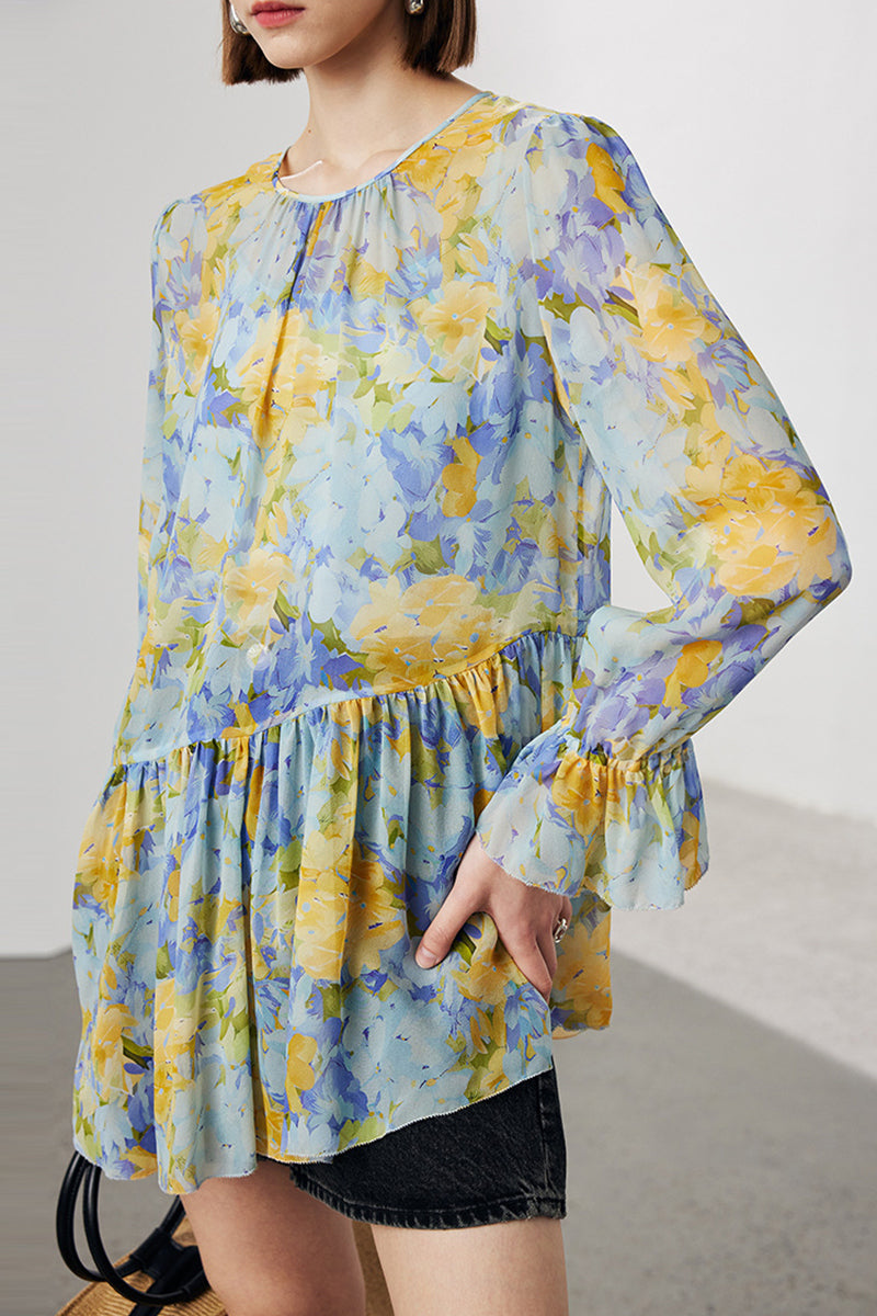 100 Mulberry Silk Floral Long-Sleeve Crewneck Peplum Blouse with Camisole