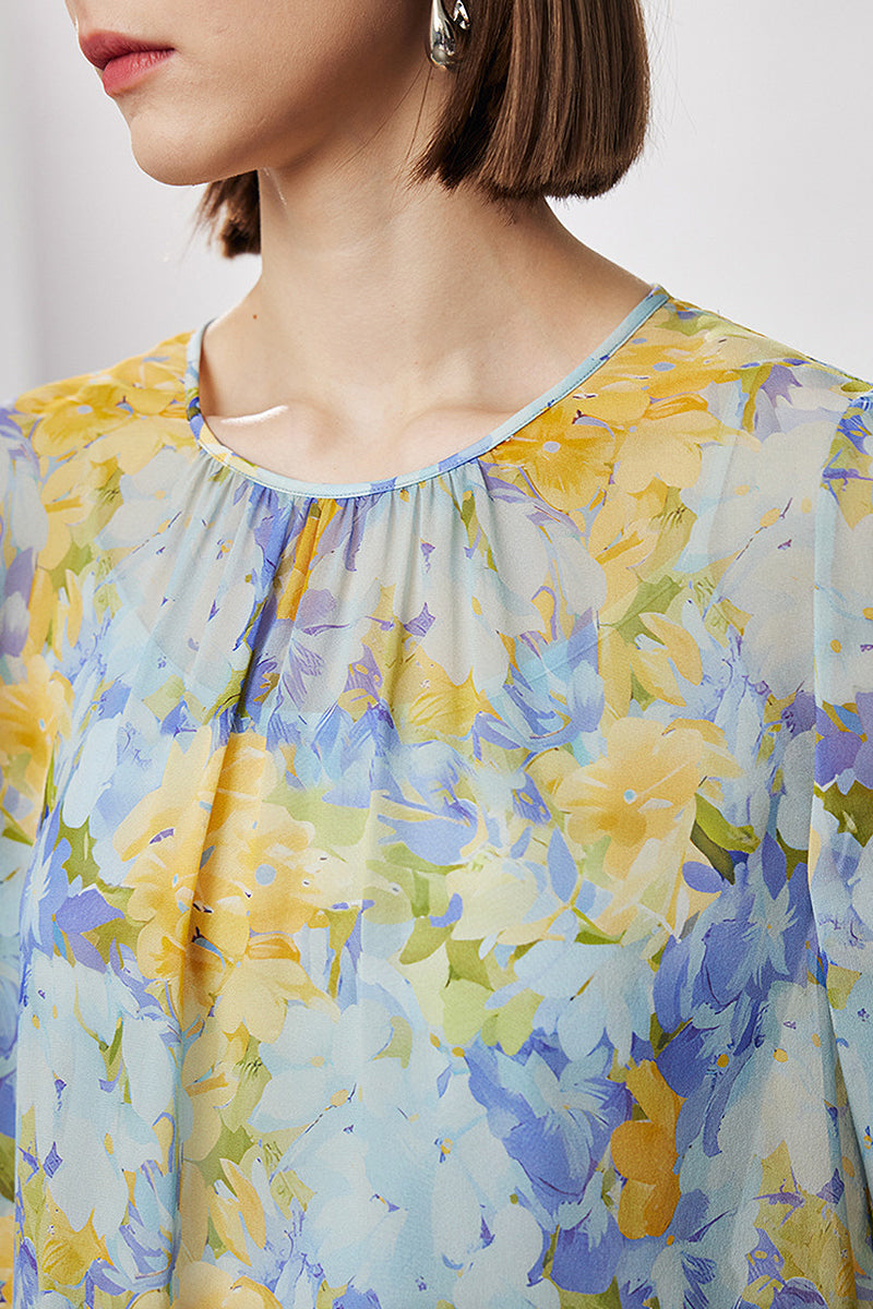 100 Mulberry Silk Floral Long-Sleeve Crewneck Peplum Blouse with Camisole
