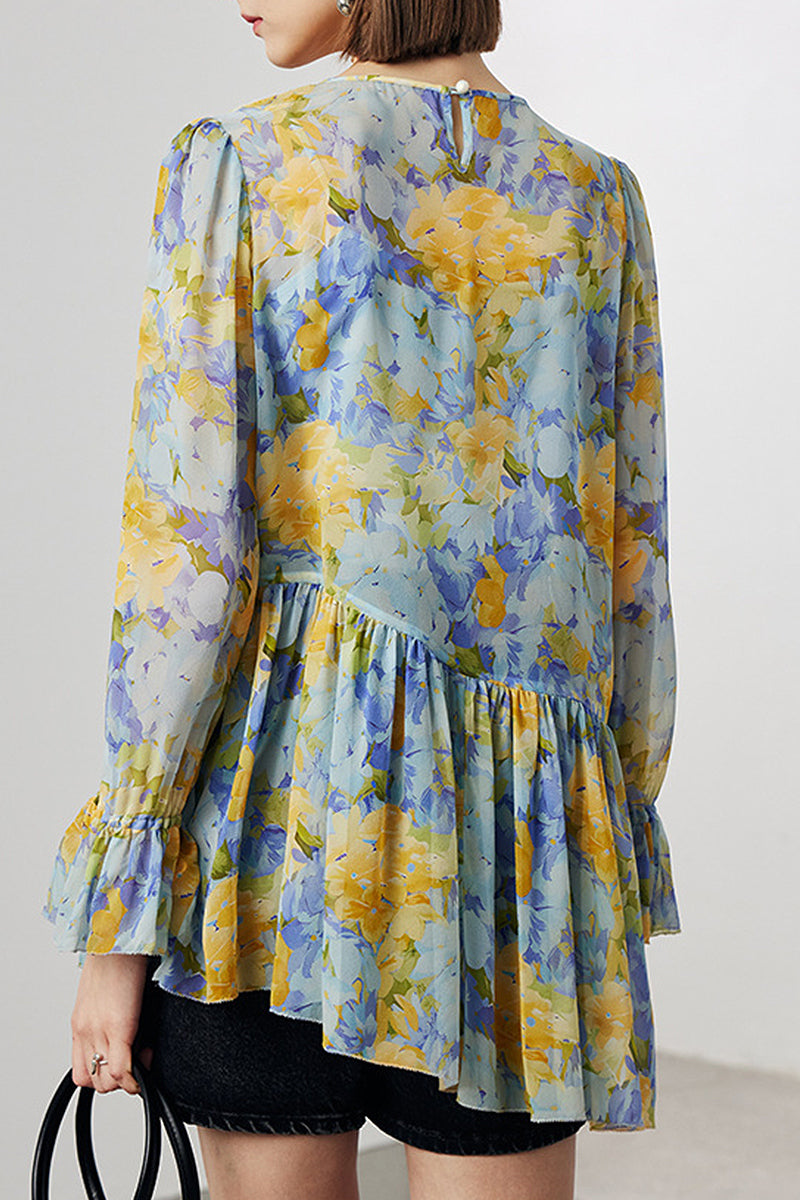 100 Mulberry Silk Floral Long-Sleeve Crewneck Peplum Blouse with Camisole